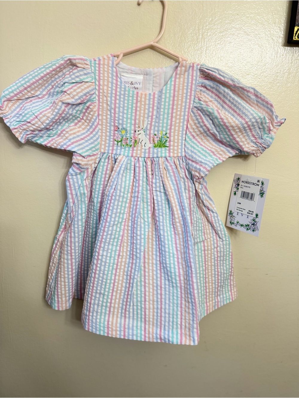 iris & ivy Pastel Multi-Color Striped Seersucker Dress with Bunny Embroidery